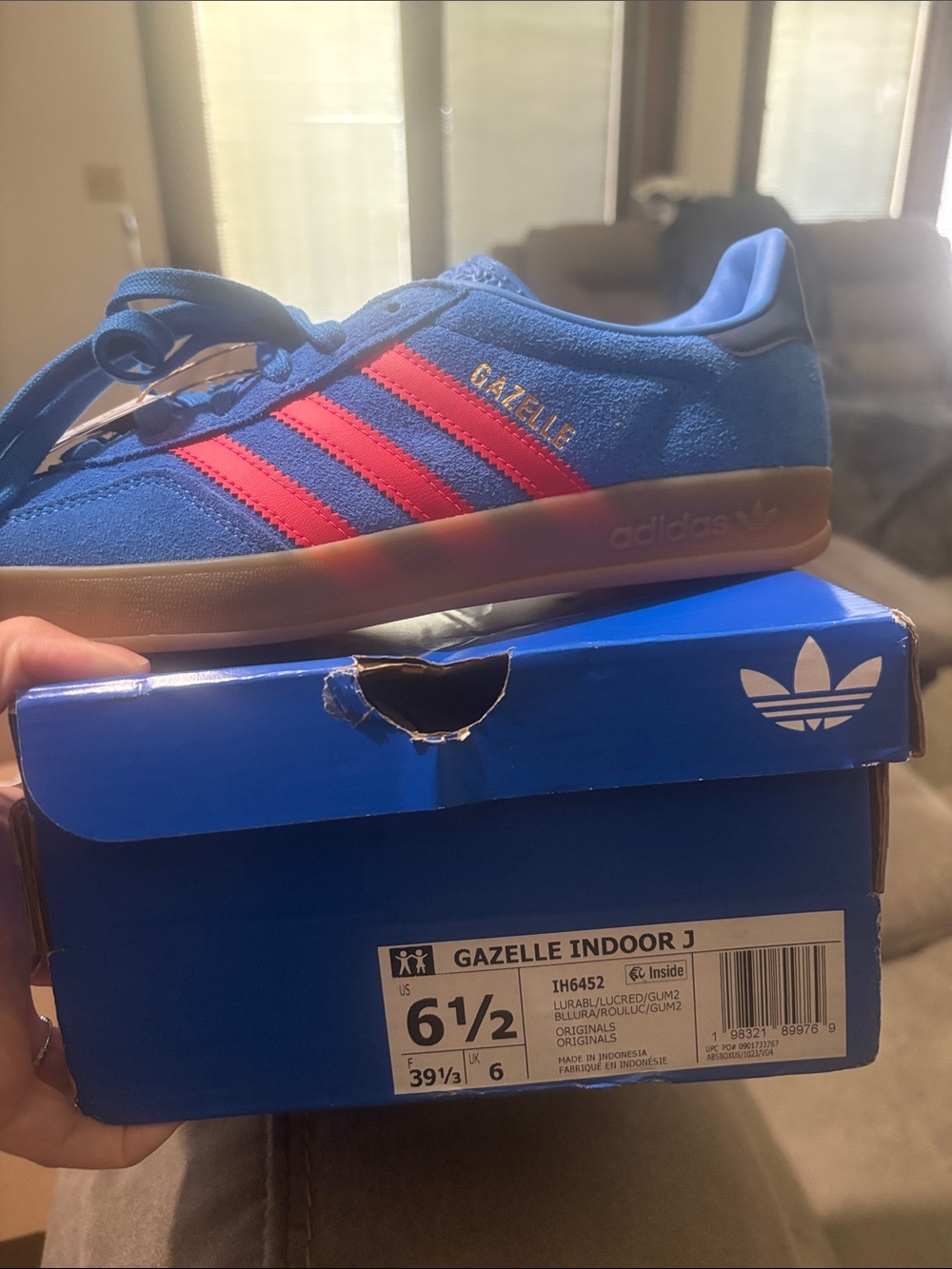 adidas Kids Gazelle Indoor J Blue with Red Stripes